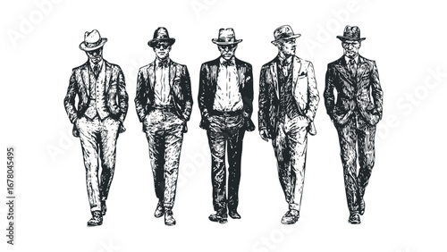 Five men in hats and suits walking with hands in pockets. Vector hand drawn illustration