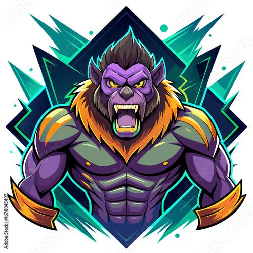 Comic-Style Primate Character with Glowing Effects over a Dark Background for Esports Drama
