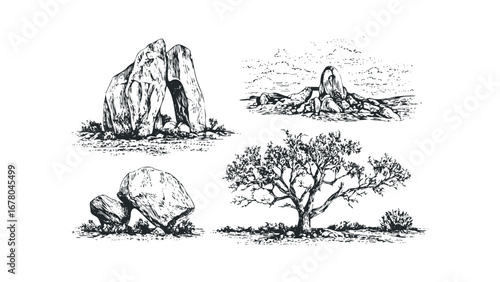 Group of four hand-drawn nature elements including rock formations and a tree. Vector hand drawn illustration
