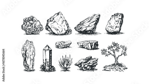 Collection of hand-drawn geological specimens and flora elements. Vector hand drawn illustration