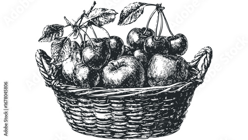 Basket overflowing with fresh apples and cherries, rendered in a woodcut style. Vector hand drawn illustration