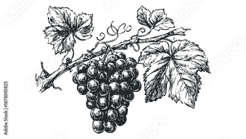Line art cluster of ripe grapes with leaves on a vine. Vector hand drawn illustration