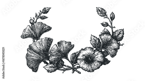 Ink drawing of delicate ginkgo leaves and hibiscus flowers forming a wreath on a transparent background. Vector hand drawn illustration