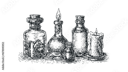 Vintage apothecary bottles and lit candle collection on transparent background. Vector hand drawn illustration