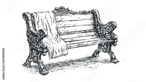 Ornate park bench with draped textile in monochromatic drawing style. Vector hand drawn illustration