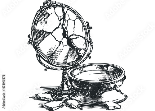 Antique handheld vanity mirror with shattered glass on pedestal and basin. Vector hand drawn illustration