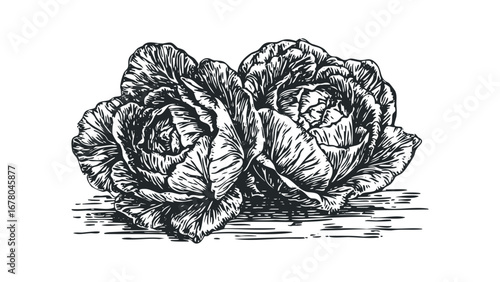 Engraved Two Cabbage Heads on Transparent Background. Vector hand drawn illustration