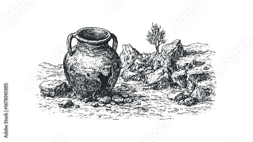 Ancient Amphora Vessel on Rocky Terrain with Bare Tree. Vector hand drawn illustration