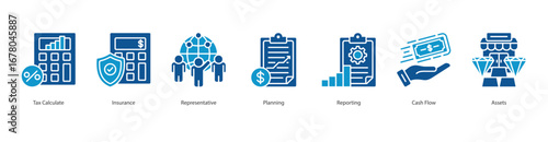 Financial Management banner web icon set vector illustration concept with icon of tax calculate, insurance, representative, planning, reporting, cash flow, assets