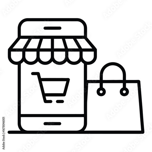 Online shopping store on mobile phone with shopping bag for easy and convenient purchases  vector silhouette