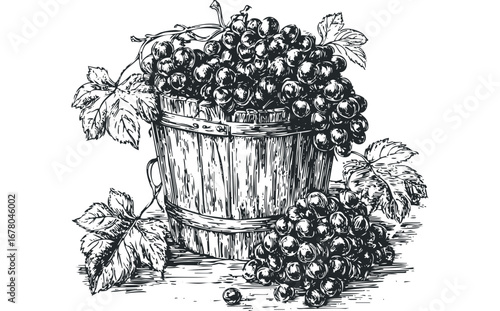 Engraved Grapes in Wooden Bucket with Leaves. Vector hand drawn illustration