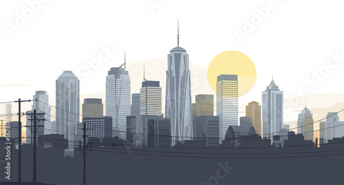 Capturing the dynamic energy of a modern city skyline bathed in the warm glow of a setting sun, a truly iconic urban vista.