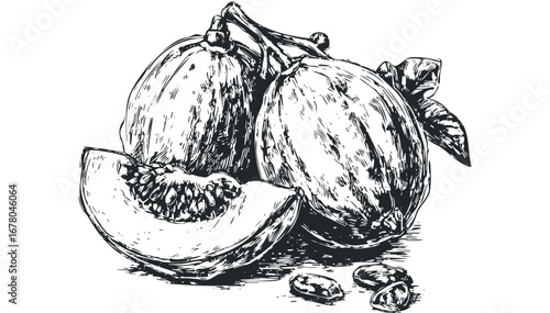Hand-drawn still life of ripe gourds and scattered seeds. Vector hand drawn illustration