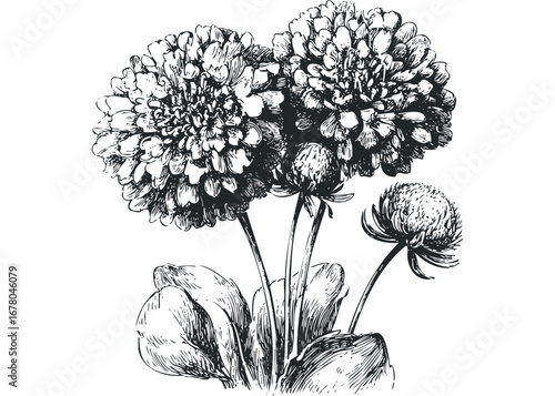 Detailed Ink Drawing of Pincushion Flowers with Stems and Leaves. Vector hand drawn illustration