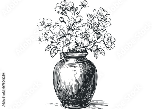Hand drawn sketch of garden flowers in a round vase. Vector hand drawn illustration