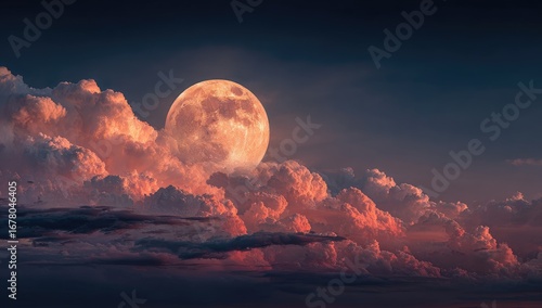 Full moon through vibrant clouds at dusk