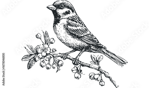 Sketch of a small bird perched on a flowering branch. Vector hand drawn illustration