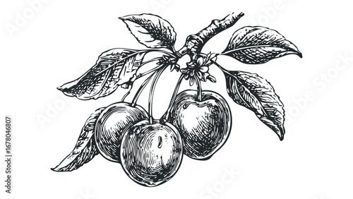 Hand-drawn cherries with leaves on a transparent background. Vector hand drawn illustration
