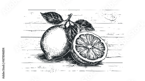 Whole and sliced lemons with leaves on a rustic wooden surface. Vector hand drawn illustration