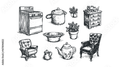 Hand-drawn collection of vintage kitchenware and furniture items. Vector hand drawn illustration
