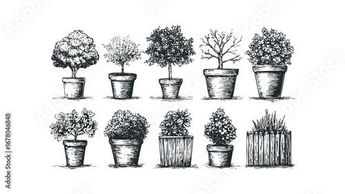 Collection of Potted Plants and Garden Elements in Sketch Style. Vector hand drawn illustration