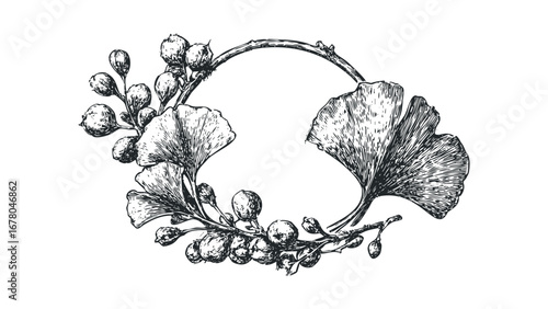 Ginkgo biloba branch with leaves and berries in vintage sketch style. Vector hand drawn illustration