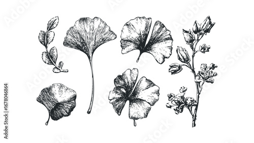 Hand Drawn Botanical Elements with Ginkgo Leaves and Flower Sprigs. Vector hand drawn illustration