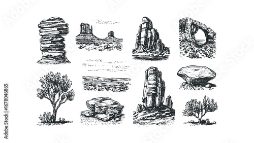 Collection of Diverse Desert Rock Formations and Desert Flora in Sketch Style. Vector hand drawn illustration