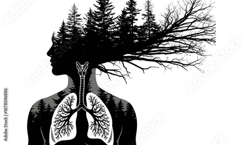 Silhouette of a person with trees as hair and lungs filled with forest in black and white art style
