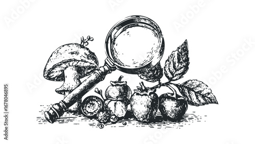 Hand drawn vintage magnifying glass and forest food on transparent background. Vector hand drawn illustration