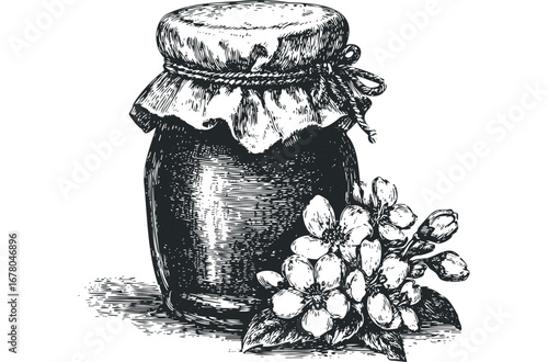 Hand-drawn jam jar with apple blossoms on a white canvas. Vector hand drawn illustration