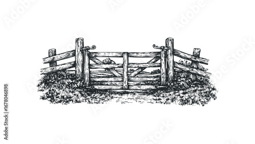 Rustic Wooden Farm Gate with Metal Latch and Grassy Meadow. Vector hand drawn illustration