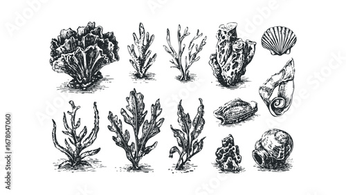 Vintage hand-drawn marine life collection with coral and seashells. Vector hand drawn illustration