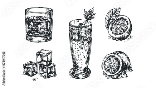 Collection of hand-drawn iced beverages and citrus slices on a transparent background. Vector hand drawn illustration