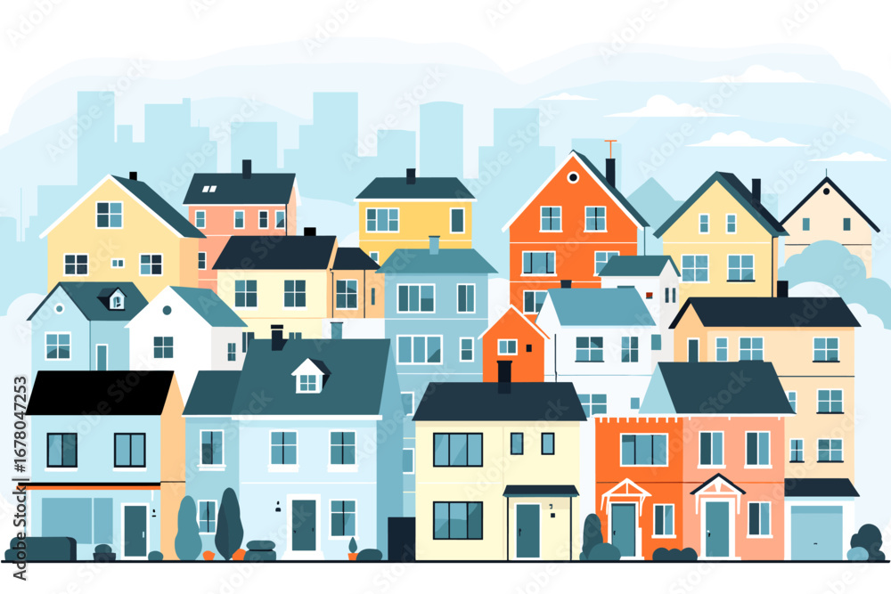 Naklejka premium Vibrant neighborhood showcasing diverse homes and city skyline creating a welcoming community atmosphere for modern living