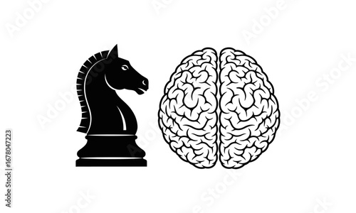 Black chess knight piece standing next to a brain illustration symbolizing strategic thinking and intelligence