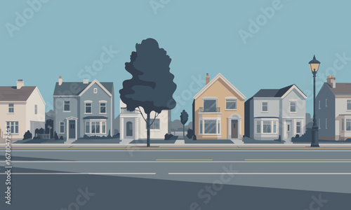 Charming row of diverse suburban houses with a classic street lamp creating a peaceful, idyllic neighborhood streetscape