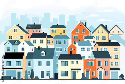 Vibrant neighborhood showcasing diverse homes and city skyline creating a welcoming community atmosphere for modern living