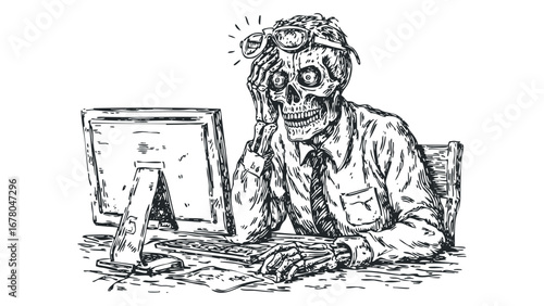 Stressed Skeleton Working on Computer with Glasses on Head. Vector hand drawn illustration