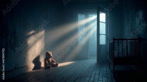 Creepy teddy bear sitting on floor in dusty room with sunlight beam from window. Concept of loneliness, abandonment, and childhood fear for Halloween.
