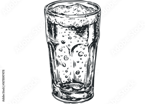 Detailed sketch of a tall glass filled with bubbly liquid on transparent background. Vector hand drawn illustration