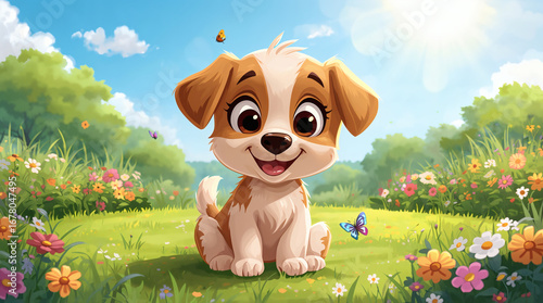 Cheerful puppy cartoon in a sunny garden park