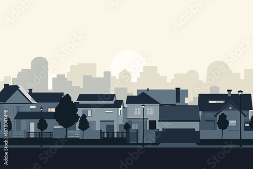 Charming suburban street scene featuring modern homes with city skyline and sun in the distance, evoking peaceful neighborhood living and community.