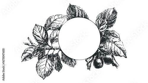 Hand Drawn Cherry Branch Frame with Circular Opening for Text. Vector hand drawn illustration