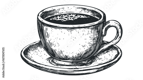 Detailed sketch of a coffee cup with saucer and frothy beverage. Vector hand drawn illustration