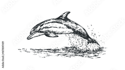 Hand drawn sketch of a dolphin leaping from water splashes. Vector hand drawn illustration