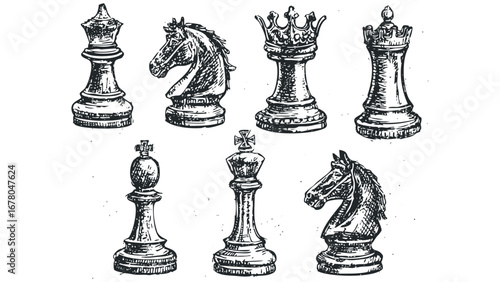 Sketch of chess pieces on a white background. Vector hand drawn illustration
