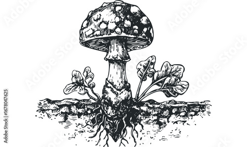 Amanita mushroom with root system and leaves rendered in a woodcut style. Vector hand drawn illustration