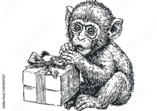 Adorable young monkey interacting with a wrapped gift box. Vector hand drawn illustration