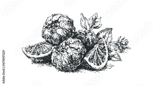 Hand Drawn Citrus Fruit Arrangement on Transparent. Vector hand drawn illustration